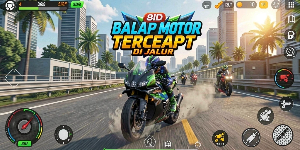 Screenshot gameplay 8ID dengan balapan motor yang mendebarkan.