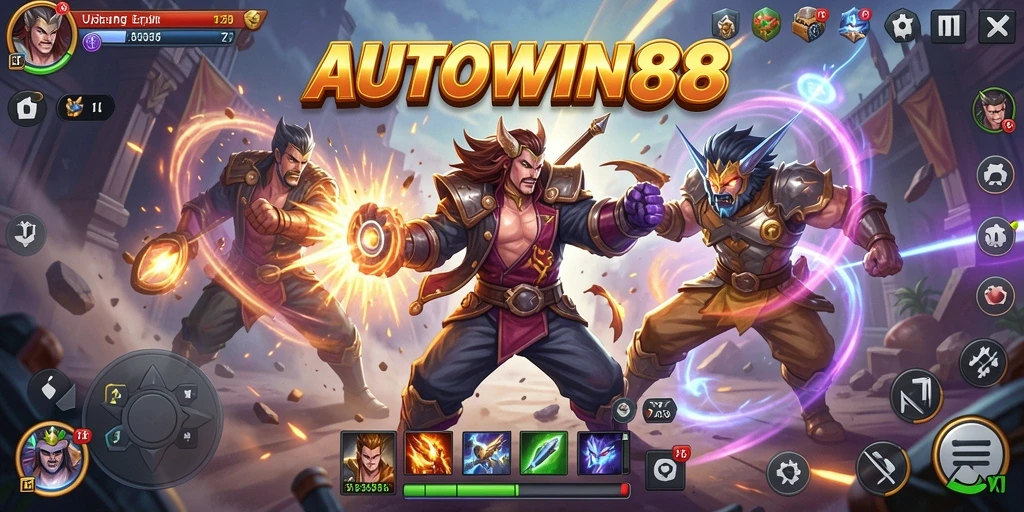 Gambar gameplay <strong>AUTOWIN88</strong> menampilkan pertarungan seru antara karakter-karakter epik.