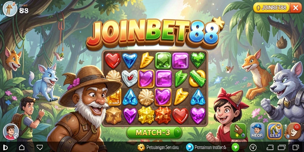 Screenshot gameplay dari JOINBET88 dengan tampilan level Match-3 yang menarik.