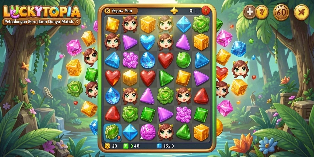 Gameplay seru LUCKYTOPIA dengan beragam permata berwarna-warni.