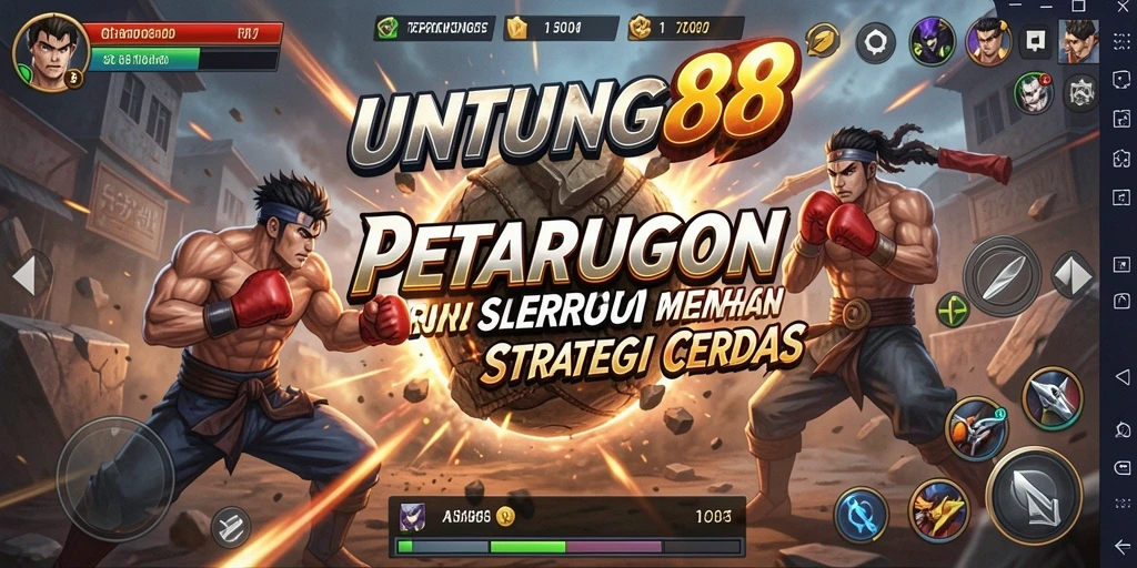 Tampilan gameplay UNTUNG88 dengan karakter bertarung di arena yang spektakuler.